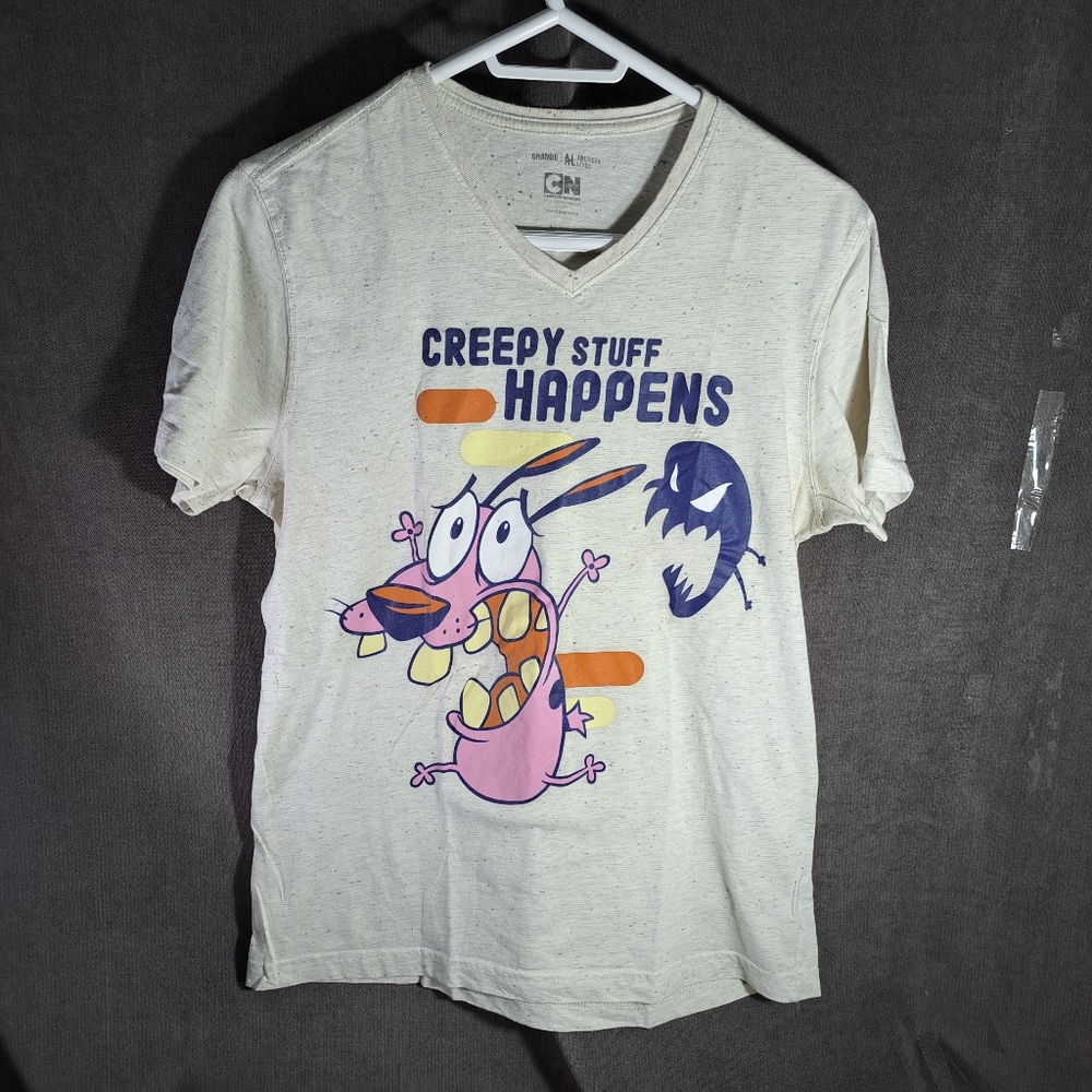 Courage The Cowardly Dog Creepy Stuff Happens Oatmeal Speckled Graphic Tee VG L